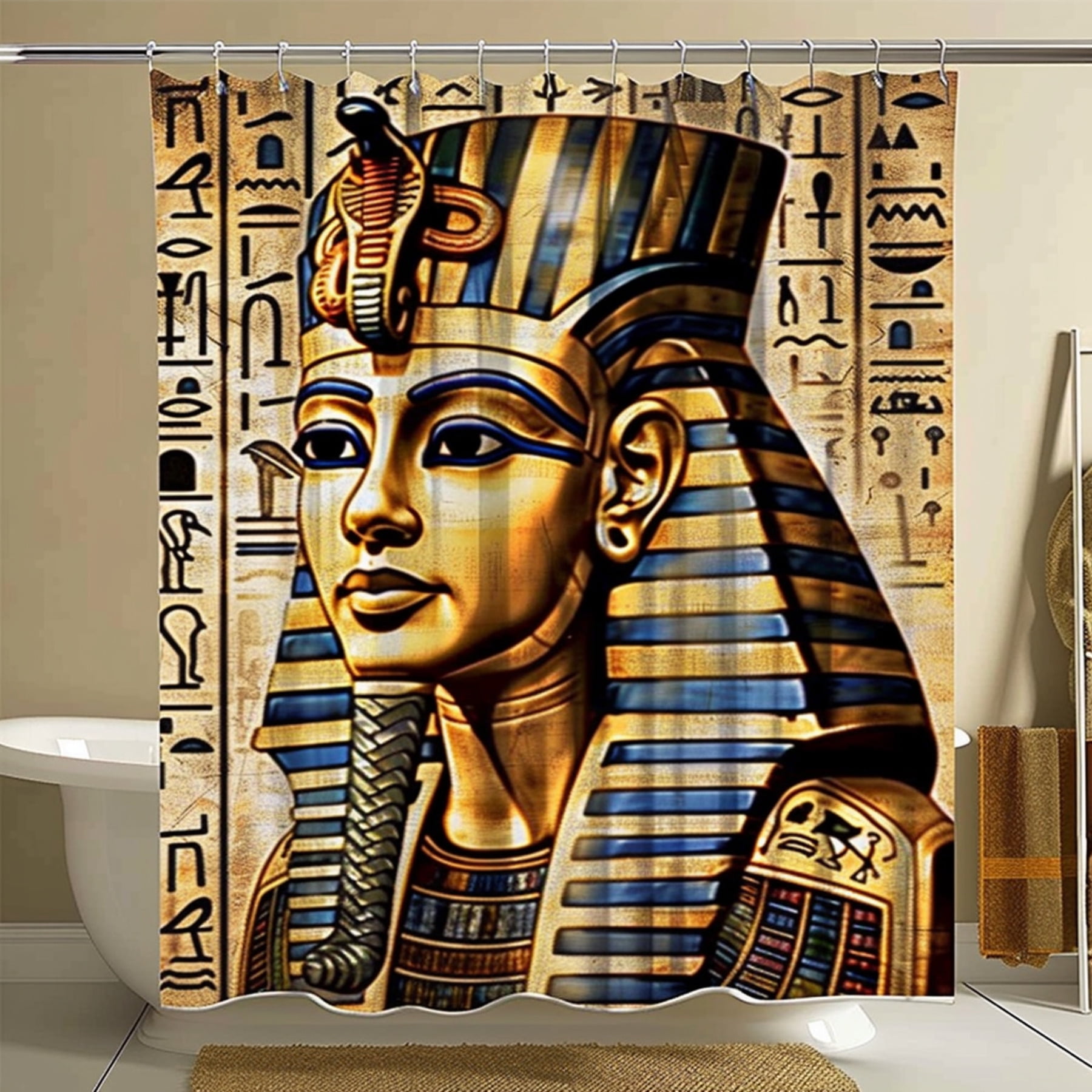 PharaohThemed Egyptian Bathroom Curtain with Vintage Poster Style Egypt