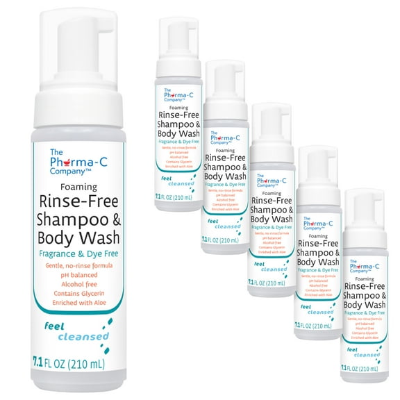 Pharma-C Fragrance & Dye Free Foaming Rinse Free Shampoo & Body Wash [6 pack] Hospital Tested. No-Rinse Formula