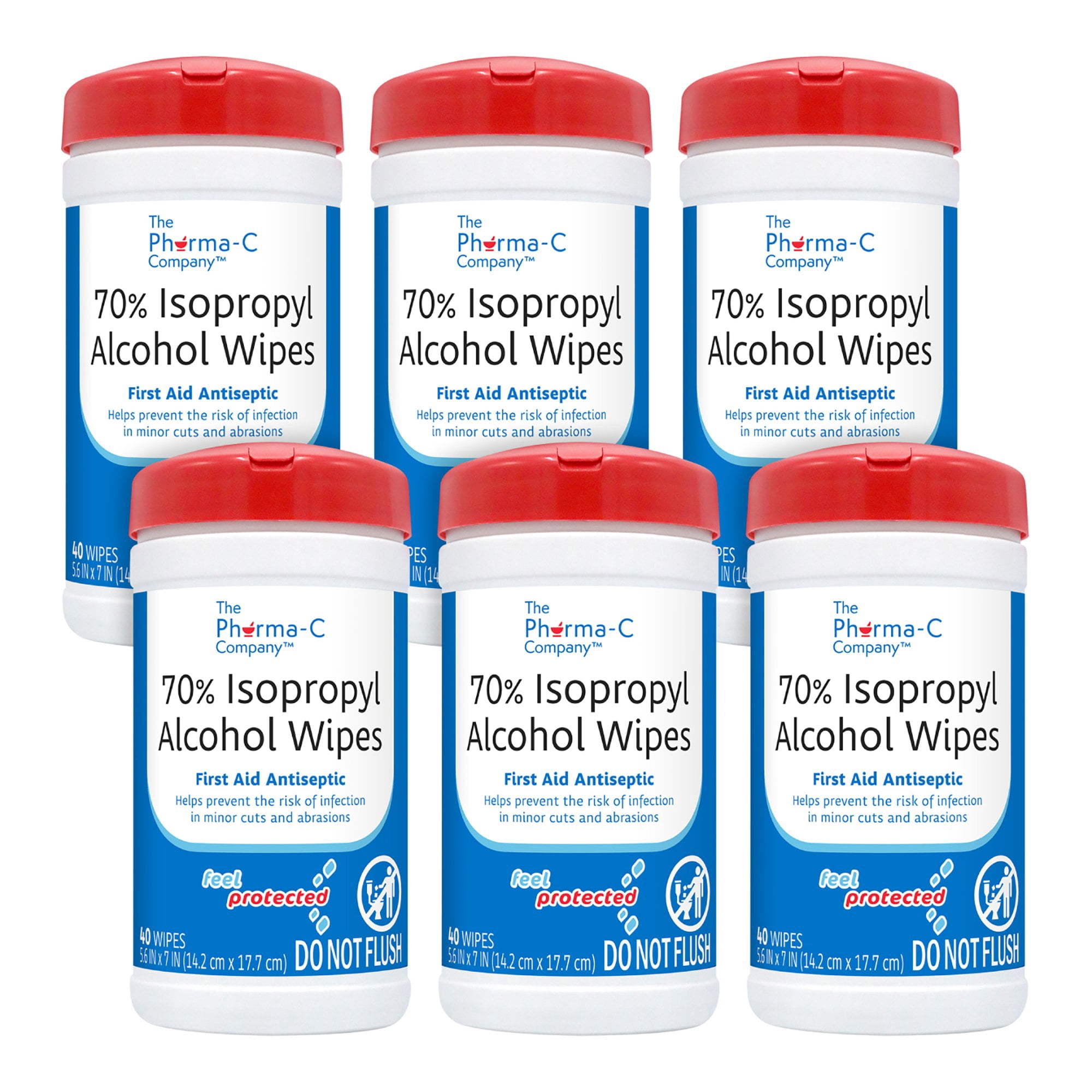 Pharma-C-Wipes 70% Isopropyl Alcohol Wipe, Antiseptic Skin Wipe, 5.6 Inches x 7 Inches, 40 Wipes per Canister, 6 Canisters