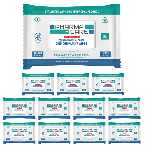 PharmaCare Advanced Formula 70% Alcohol Wipes - (50 Count) 12 Packs (PC-1040-01-X12) For Hands or Surfaces in Hospitals, Clinics, Schools, Offices, and at Home.