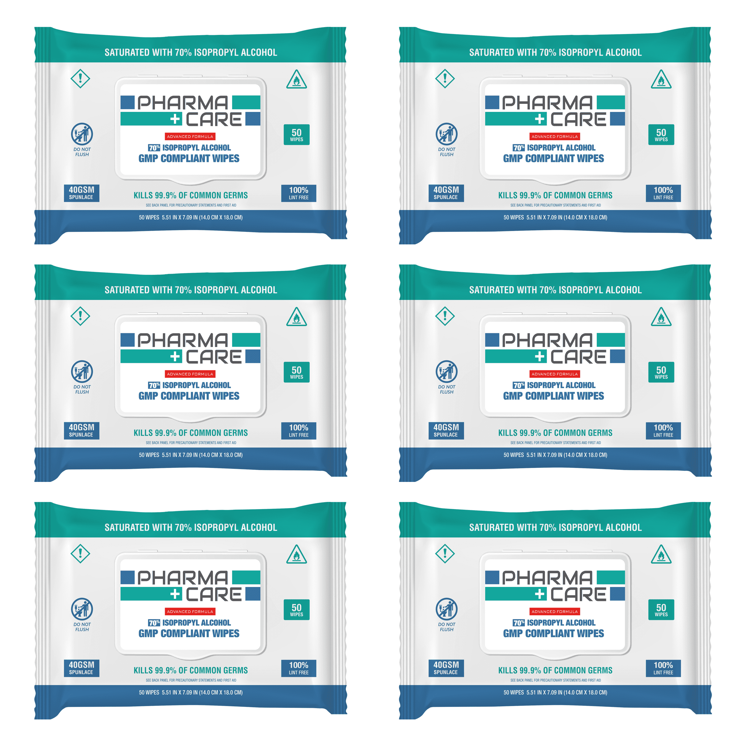PharmaCare Advanced Formula 70% Alcohol Wipes - (50 Count) 6 Packs