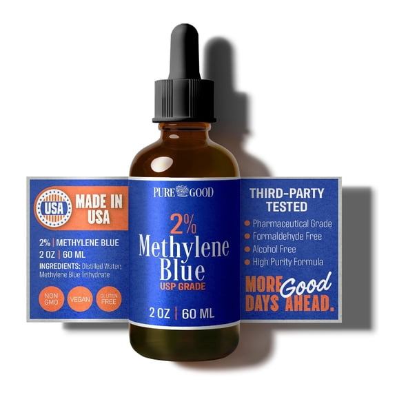 Pharmaceutical Grade Methylene Blue 2% (60 mL), Third-Party Tested USP-Grade for Humans, Formaldehyde and Alcohol Free Methylene Blue Pharmaceutical Grade in Amber Dropper Bottle