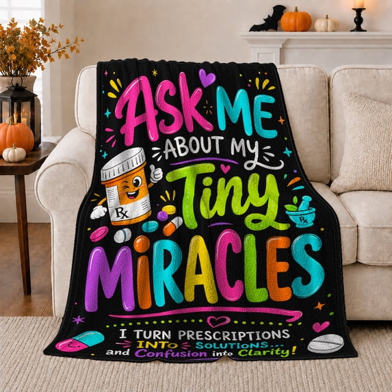 Pharmacist Appreciation Themed Ask Me About My Tiny, Festive Holiday Scene, Warm Flannel Blanket for Living Room and Reading Nook, Art Lovers Christmas Gift, Festive Home Decor