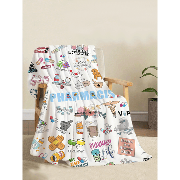 Pharmacist Themed Flannel Blanket - Soft Cozy Fleece Throw With Pharmacy Icons, Pill, Stethoscope, Rx Bottle & Medical Quotes For Pharmacist Day, Pharmacy Tech Gift, Home Decor(280 Gsm)