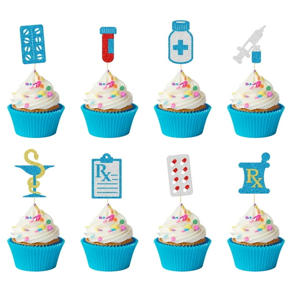 Pharmacy Cupcake Toppers, Pharmacy Decor, Glitter Pharmacist Birthday Cake Picks, Medical Pharmacy Party Decor, Pharmacist Week Party Decorations, 24Pcs