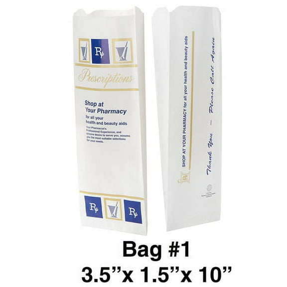 Pharmacy Prescription Bags White Gold and Blue Color 3.5 x 1.5 x 10 inches - Qty 3000 (Rx Bag, Paper Bag, Medicine Bag, Lunch Bag, Party Favor Bag)