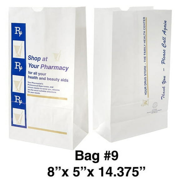 Pharmacy Prescription Bags White Gold and Blue Color 8 x 5 x 14.375 inches - Qty 1000 (Rx Bag, Paper Bag, Medicine Bag, Lunch Bag, Party Favor Bag)