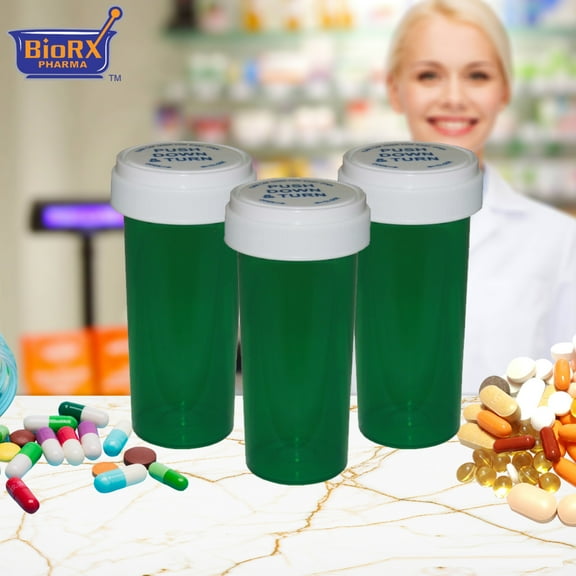 Pharmacy Prescription Vials, Green Child Resistant Medicine Bottle, 20 Dram Reversible, Caps Included, Pack of 270 (Pill Container, Pharmacy Bottle, Pharmacy Container) by Sponix BioRx