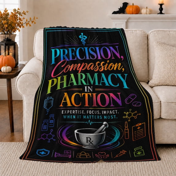 Pharmacy Pride Precision Compassion Motif Appreciation, Cozy Typography Art Scene, Warm Flannel Blanket for Living Room and Reading Nook, Art Lovers Graduation Gift, Fantasy Home Decor