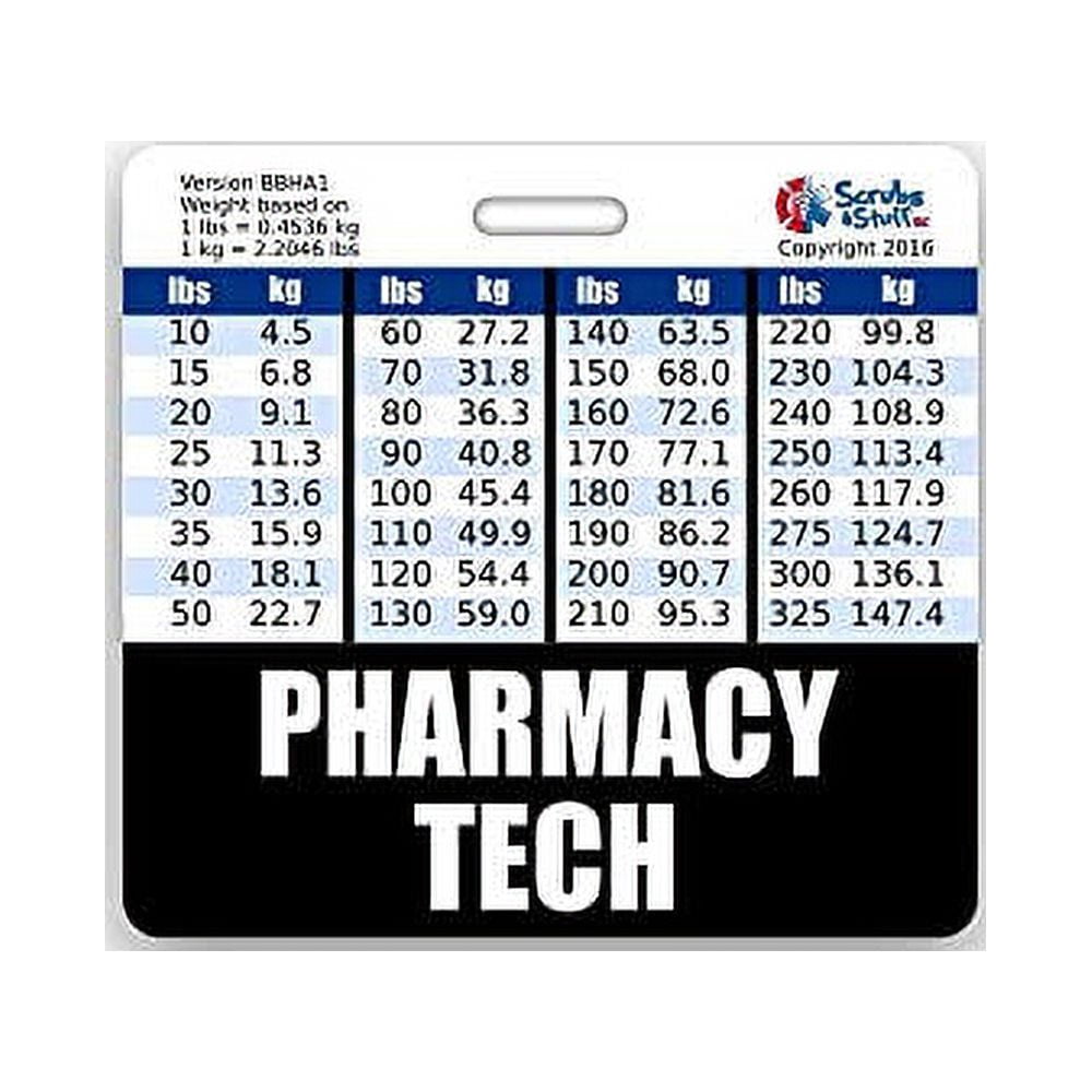 Pharmacy Tech Badge Horizontal w/Height &amp; Weight Conversion Charts (Standard, Black) - Walmart.com