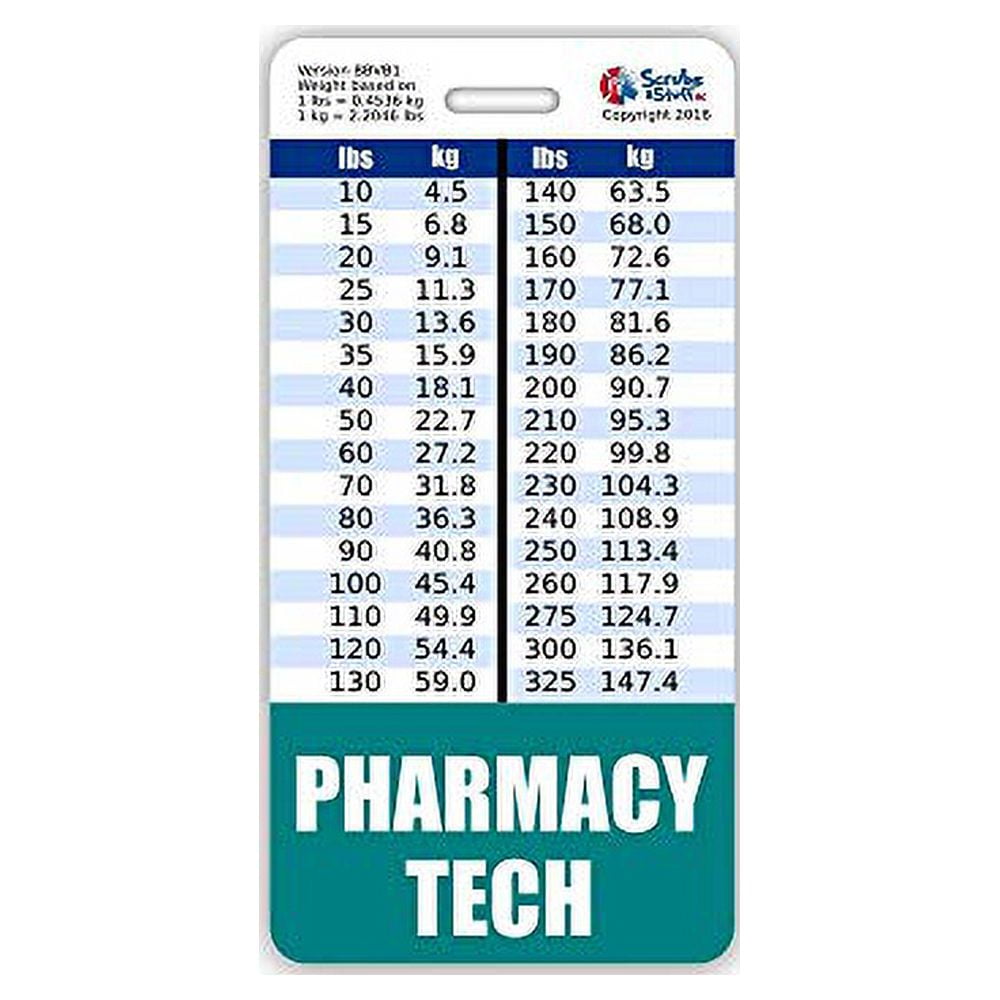 Pharmacy Tech Badge Vertical W/Height &amp; Weight Conversion Charts (Standard, Teal) - Walmart.com