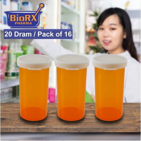 Pharmacy Vials 20 Dram AMBER (PACK OF 16) Snap Cap, Caps Included by Sponix BioRx