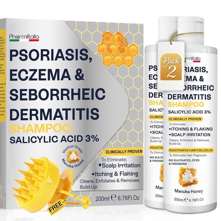Pharmlitalia Psoriasis Shampoo for Dry & Itchy Scalp with Salicylic Acid 3% - Psoriasis Scalp Treatment for Eczema Relief, Seborrheic Dermatitis, Ringworm & Folliculitis (6.76 Fl Oz (Pack of 2))
