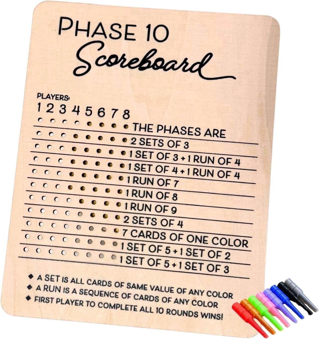 Unbranded Phase 10 Score Board, Wooden Scoreboard with 8 Colored Pegs ...