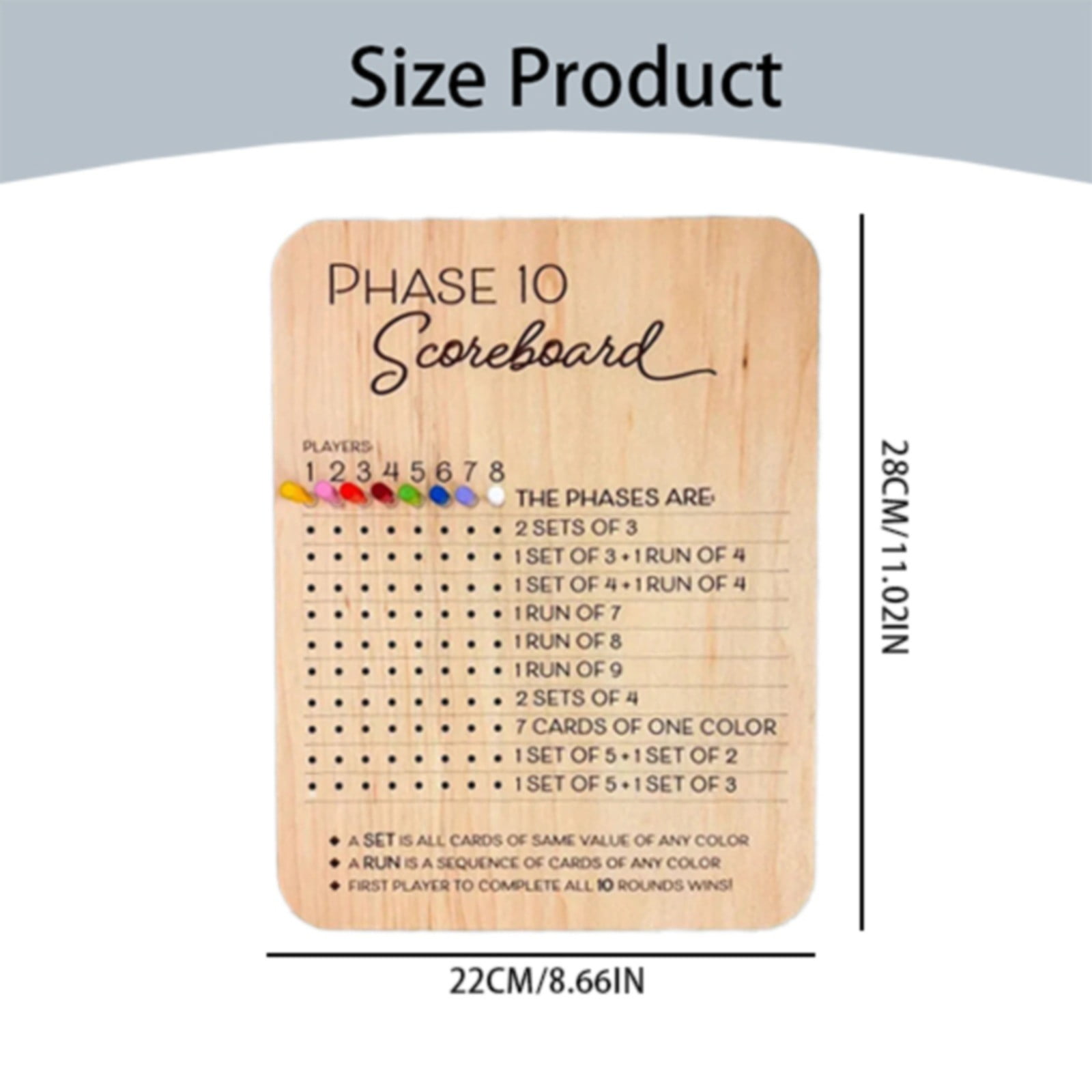 Phase 10 Score Board 2025 - Wooden Scoreboard With 8 Colored Pegs For Family Game Nights