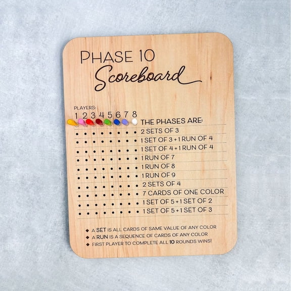 Phase 10 Score Board, Wooden Phase 10 Scoreboard with 8pcs Round Colored Tracker Pegs, Phase 10 Score Sheets, Fun Table Board Card Games for Family Party Family