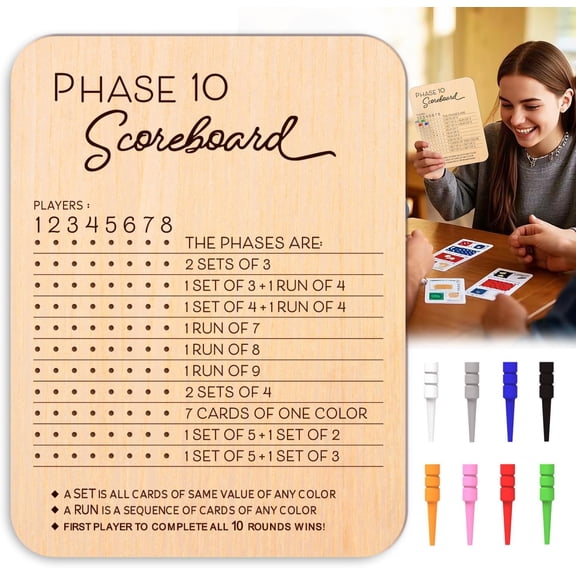 Phase 10 Score Board, Wooden Scoreboard for Card Game with 8 Colored Cribbage Pegs, Fun Board Games Accessories Adults, Families, Parties & Travel