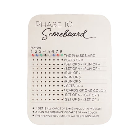 Phase 10 Scoreboard Round Trackers Board with Colored Pegs Card Game Night Table Score Board Light Weight Scoring Board