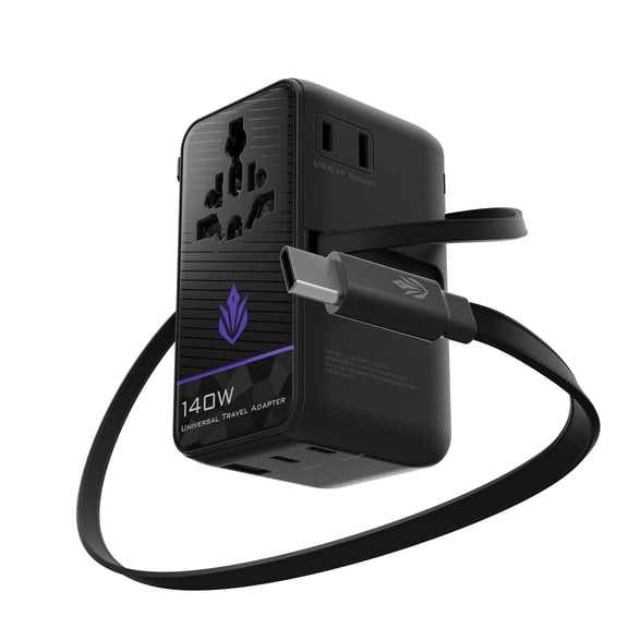 ELO Phase 140W Universal Travel Adapter, Retractable USB-C Cable, US UK EU AU Plugs