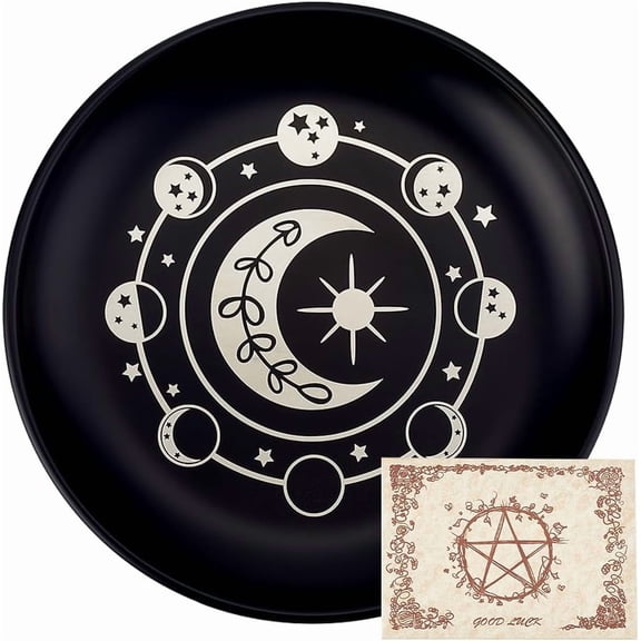 Phase Moon Star Offering Bowl Ritual Plate Stainless Steel Flat Bowl Round Tray Prayer Dish Candle Holder with Card Black Jewelry Dish for Smudging Incense Burner Decoration 5.55Inch for DIY