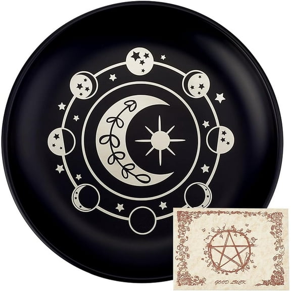 Phase Moon Star Offering Bowl Ritual Plate Stainless Steel Flat Bowl Round Tray Prayer Dish Candle Holder with Card Black Jewelry Dish