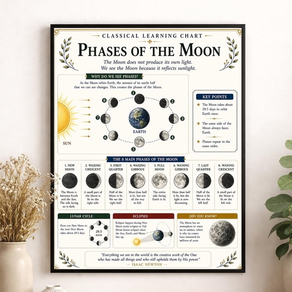 Phases Of The Moon Chart Wall Art Print, Unframed Paper Poster 8x10in