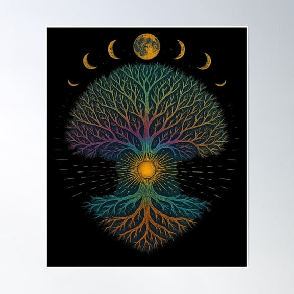 Phases Of The Moon Tree Of Life Mystical Cosmic Retro Print Home Decor Office Wall Art
