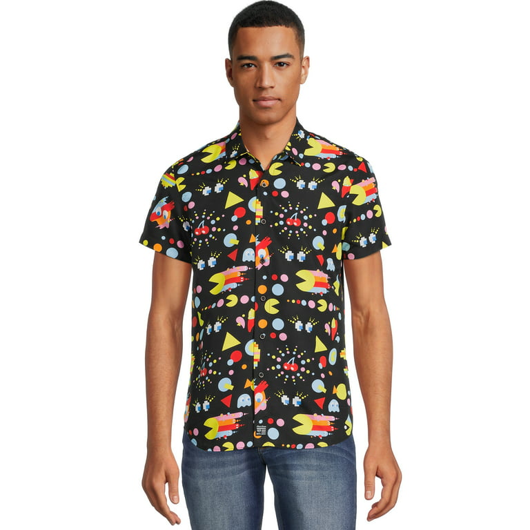 Phat Farm Men’s Pac-Man Printed Button Front Shirt with Short Sleeves