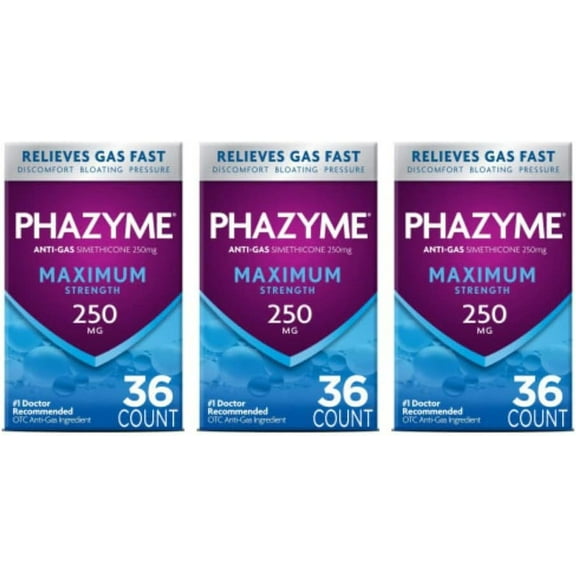 Phazyme Maximum Strength Gas and Bloating Relief | 250 mg Simethicone | 36 FAST GELS | Pack of 3