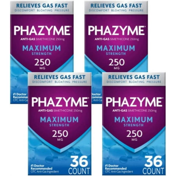 Phazyme Maximum Strength Gas and Bloating Relief | 250 mg Simethicone | 36 FAST GELS | Pack of 4