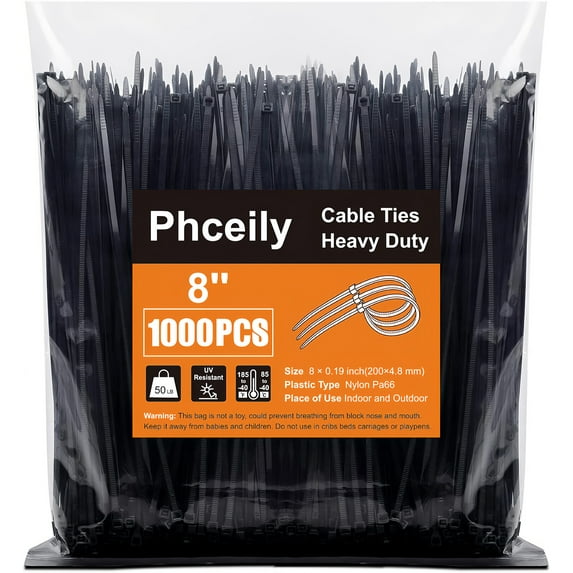 Phceily 8'' Black Zip Ties(1000Pack) 50 LBS Tensile Strength Heavy Duty Nylon Cable Ties For Indoor and Outdoor Use