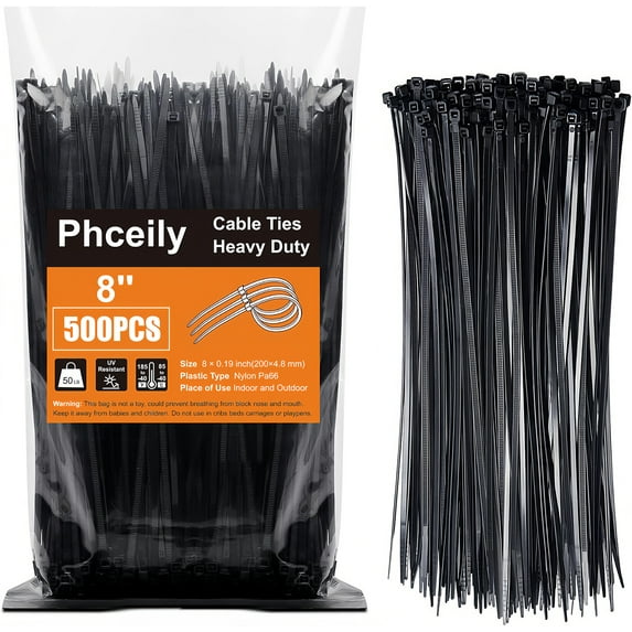Phceily 8'' Black Zip Ties 50 LBS Tensile Strength Heavy Duty Nylon Cable Ties For Indoor and Outdoor Use(500Pack)