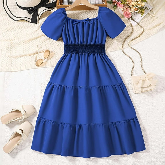 4/July Dress up Princess Dresses for Girls 4-6 Big Children's Dress Girls' Summer Square Collar Short Sleeve Waist A Line Dress