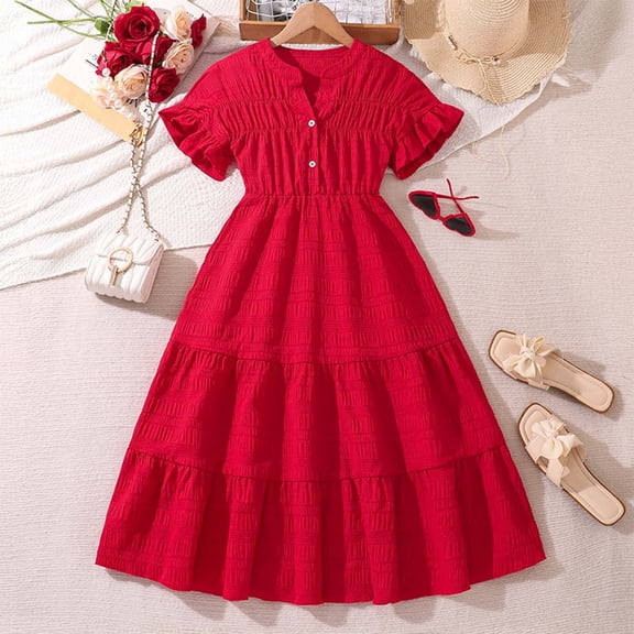 4/July Girls Dresses Size 10 Summer V Neck Pleated Short Sleeve A Line Dress for Girls Cute Casual Party Dress Lightweight Beach Wear Sizes 4 12
