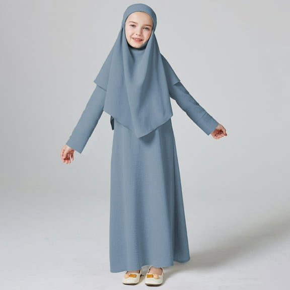 4/July Girls' Dresses White Long Dress for Girls Long Sleeve Prayer Dress Hijab for Kids Girls Abaya