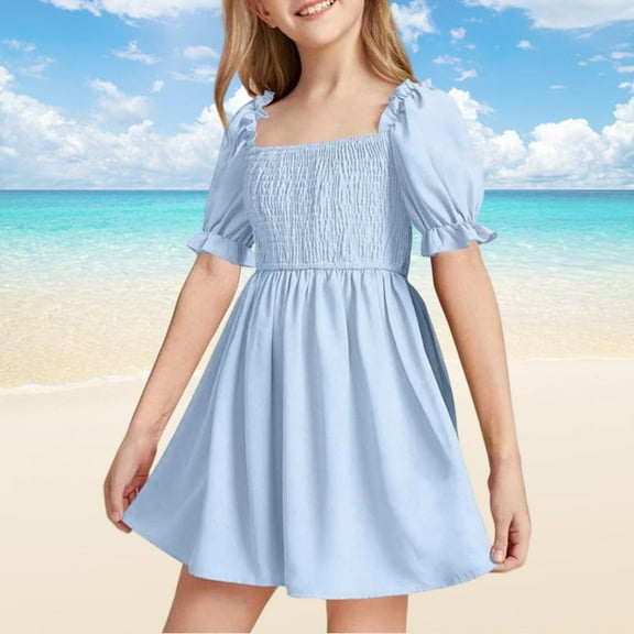4/July Girls Holiday Dresses Size 10-12 Long Summer Girls Chiffon Ruffle Mini Dress Square Neck Short Sleeve Solid A Line Dress