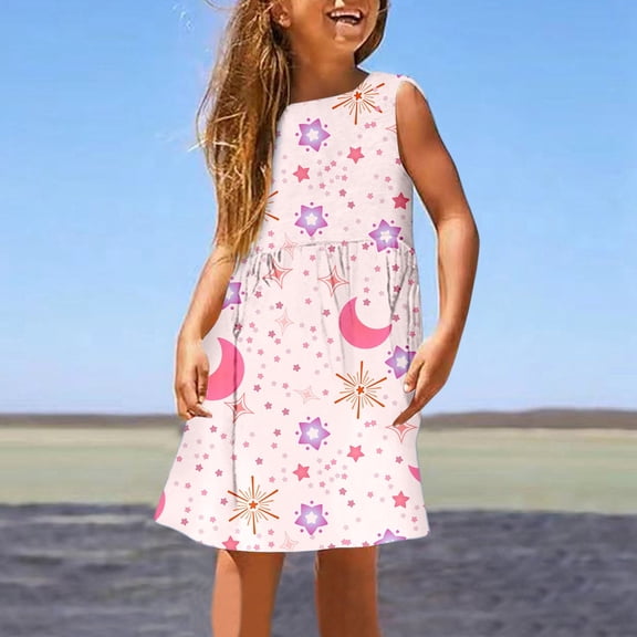 Fourth of July Girls Holiday Dress Size 10 Girl's Summer Sleeveless Dress Cute Printed A Line with Elastic Neckline Comfortable Stretchy Play Dress for Toddler Kids