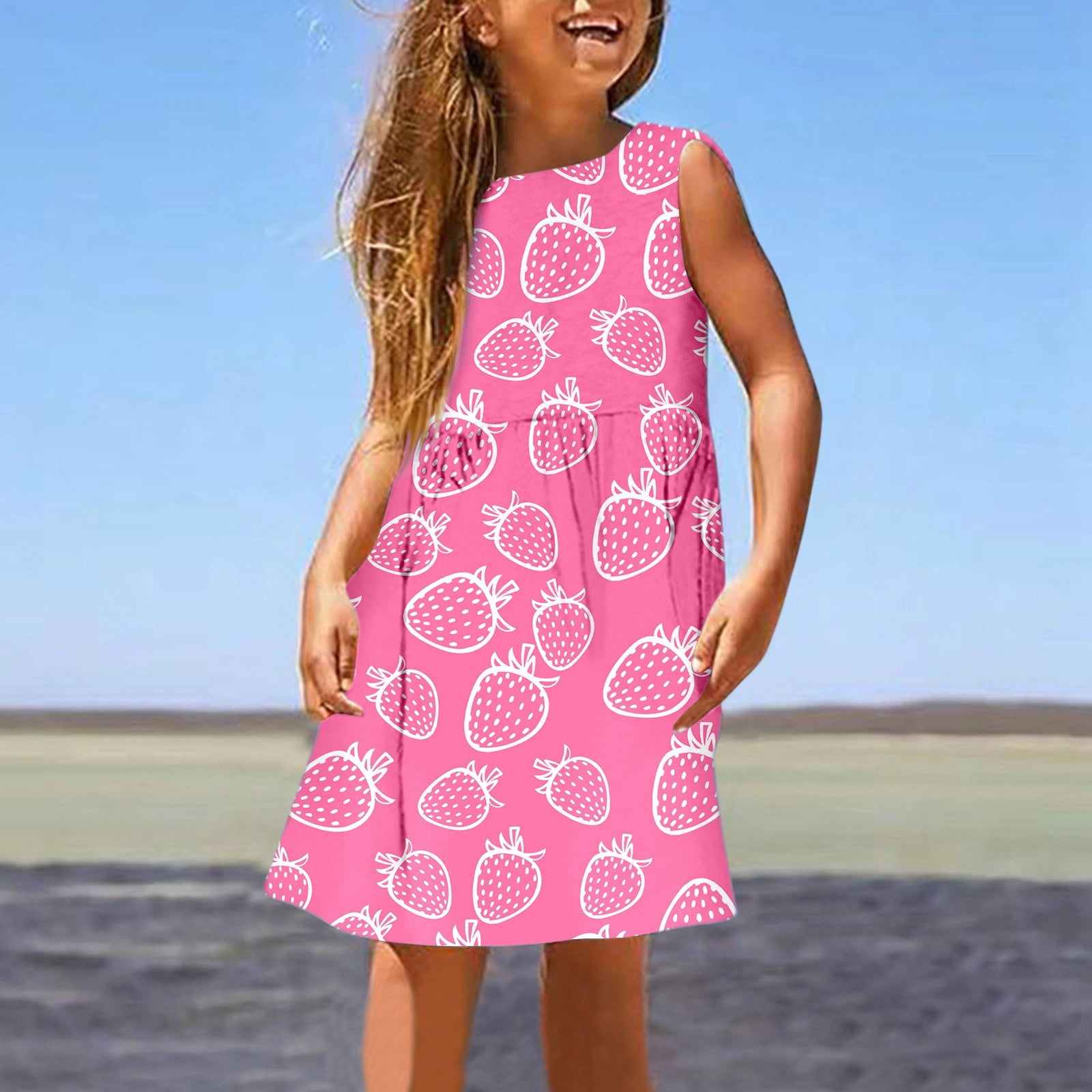 Phcqqok Fourth of July Girls Holiday Dress Size 5 Sequin Girl's Summer Sleeveless Dress Cute Printed A Line with Elastic Neckline Comfortable Stretchy