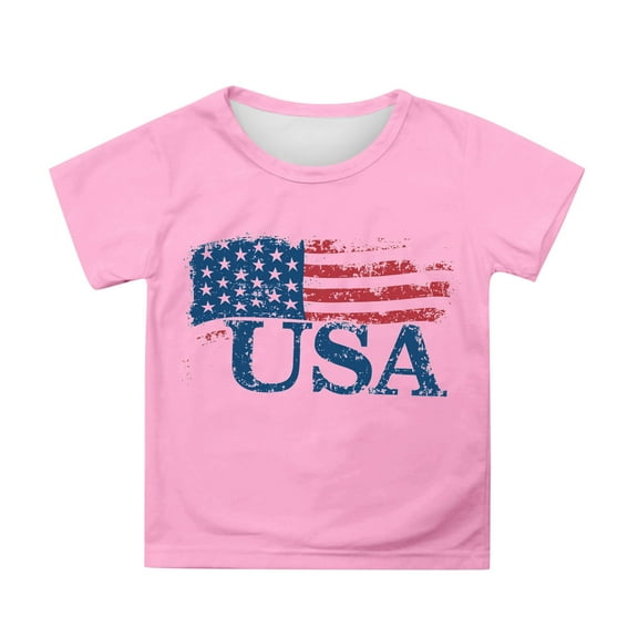 Phcqqok Fourth of July Shirt 4Th of July Girls T-Shirt Usa Flag Top Toddler Kids Short Sleeve Tee Independence Day Outfit for School Party Outdoor Activities 6-7 Years
