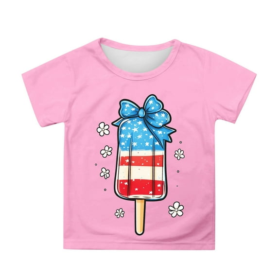 Phcqqok Fourth of July Shirt Girls 4Th of July Tshirt Short Sleeve Tee with Flag Print Independence Day Top for Toddler Kids Casual Comfortable Breathable 4-5 Years