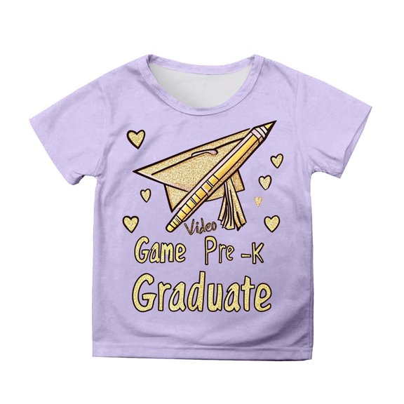 Phcqqok Fourth of July Shirt Girls Graduation Shirt Preschool Kindergarten First Day School Outfit Cute Cartoon Print Short Sleeve Tee Comfortable Casual Top for Toddler Kids 12-13 Years