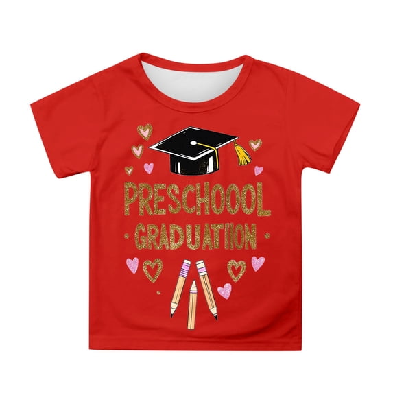 Phcqqok Fourth of July Shirt Girls Graduation T-Shirt Cute Cartoon Print Short Sleeve Top for Toddler Kids School Celebration Casual Comfortable Outfit 10-11 Years