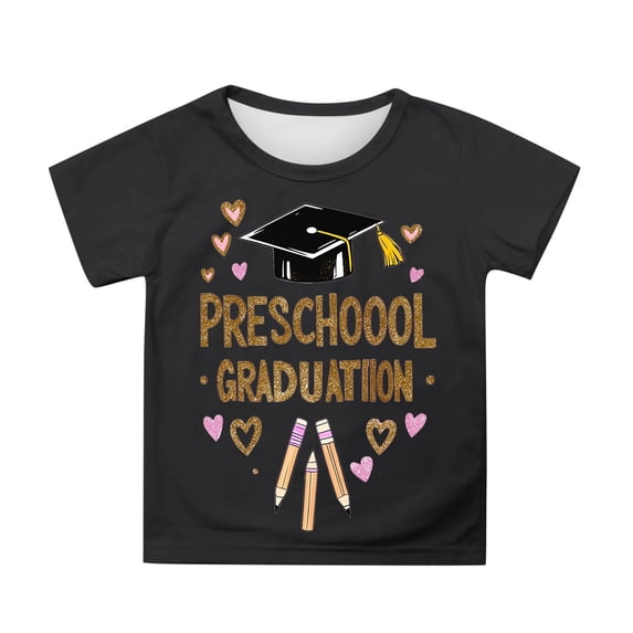 Phcqqok Fourth of July Shirt Girls Graduation T-Shirt Cute Cartoon Print Short Sleeve Top for Toddler Kids School Celebration Casual Comfortable Outfit 4-5 Years