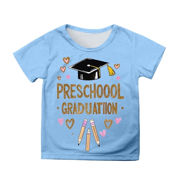 Phcqqok Fourth of July Shirt Girls Graduation T-Shirt Cute Cartoon Print Short Sleeve Top for Toddler Kids School Celebration Casual Comfortable Outfit 6-7 Years
