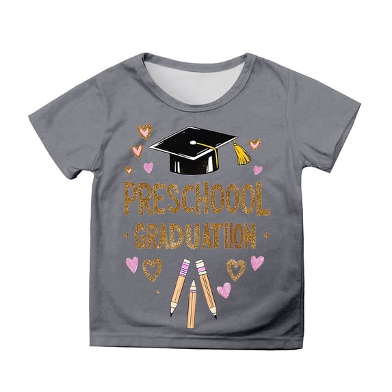 Phcqqok Fourth of July Shirt Girls Graduation T-Shirt Cute Cartoon Print Short Sleeve Top for Toddler Kids School Celebration Casual Comfortable Outfit 8-9 Years