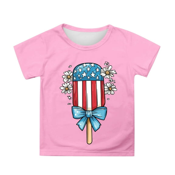 Phcqqok Fourth of July Shirt Girls Independence Day Tshirt Short Sleeve Tee with Flag Print for Toddler Kids 3-13 Years Comfortable Casual Top 8-9 Years