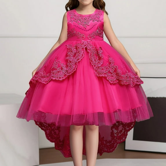 Phcqqok Fourth of July Girls Dresses Size 12-14 Party Dress Children's Solid Color Lace Sleeveless Knee Length Wedding Dress Dress