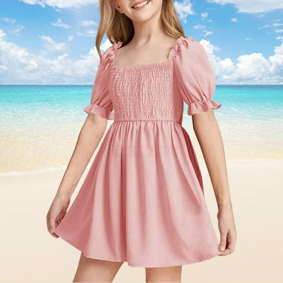 Fourth of July Girls' Dresses White Floral Summer Girls Chiffon Ruffle Mini Dress Square Neck Short Sleeve Solid A Line Dress