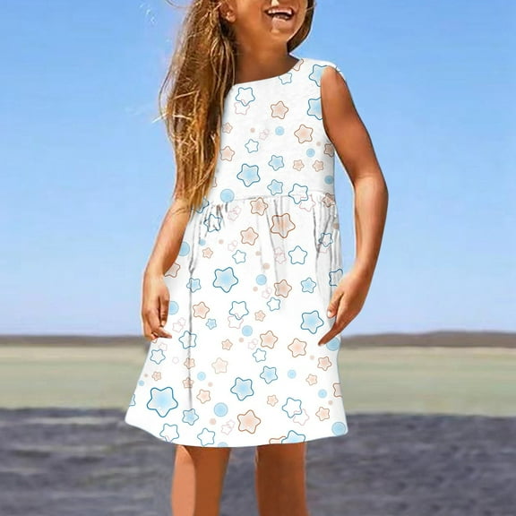 July 4Th Christmas Dresses for Girls 14-16 Girl's Summer Sleeveless Dress Cute Printed A Line with Elastic Neckline Comfortable Stretchy Play Dress for Toddler Kids