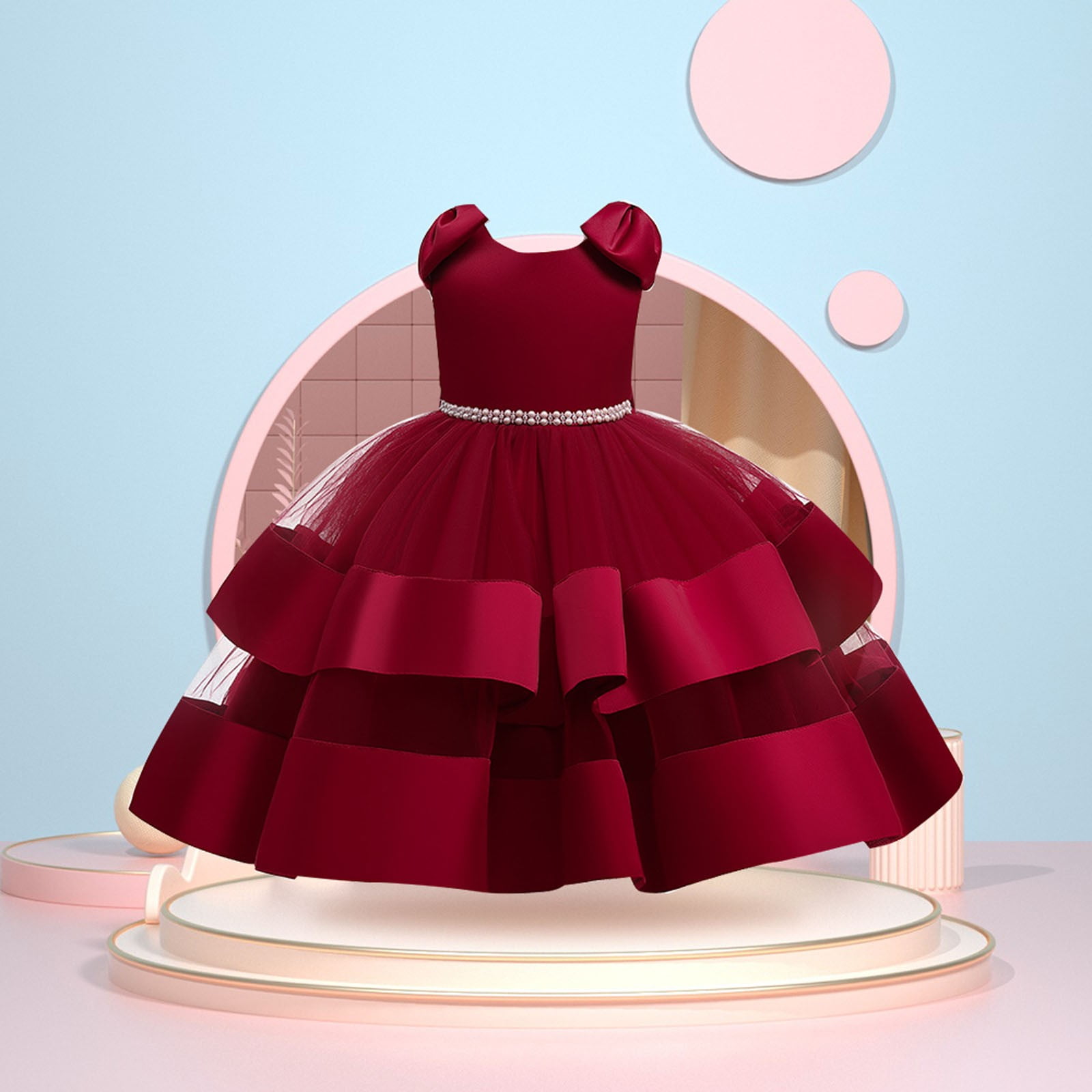 Phcqqok July 4th Dresses for Girls 4-6 Christmas Children's Dress Princess Dress Girls Beaded Bow Knot Puff Cake Dress Big Children's Festival